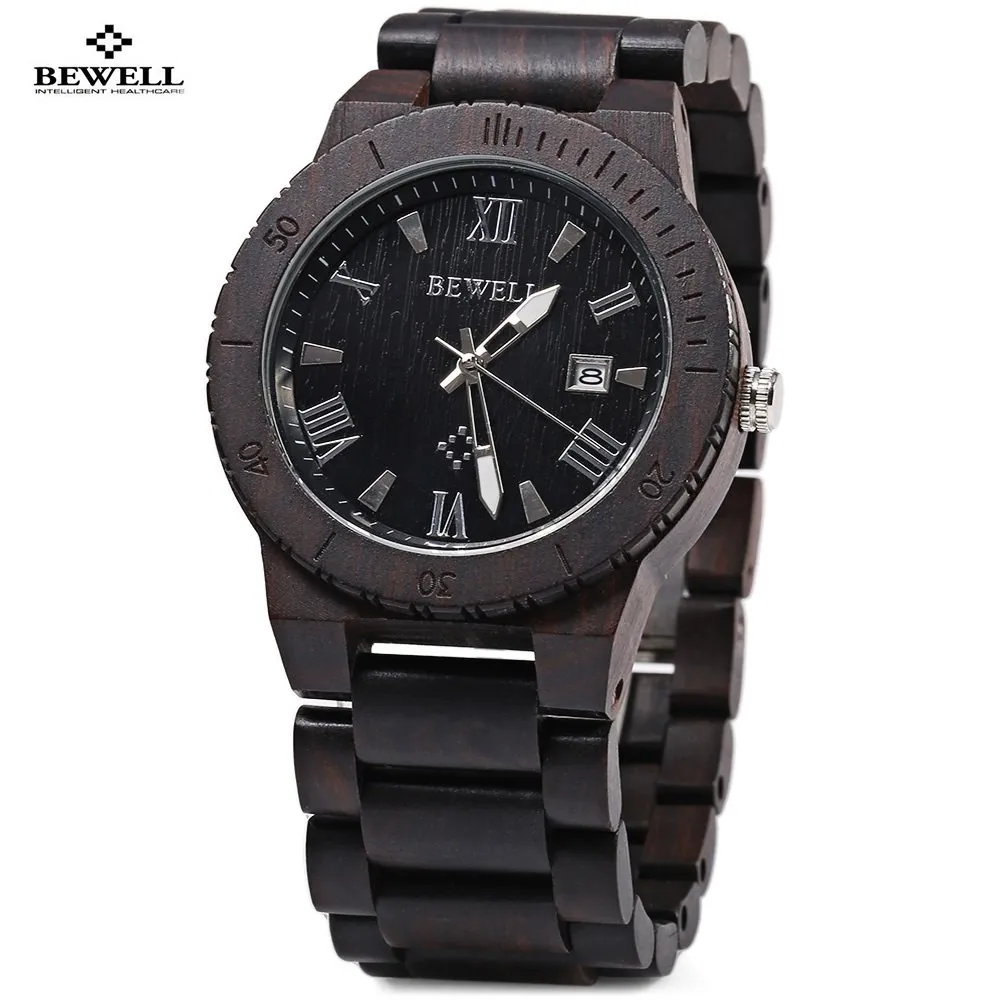 Bewell Elegant Waterproof Wood Watch Men Fashion Quartz Watches,  Luminous Pointer Calendar Wooden Wristwatch relogio masculino