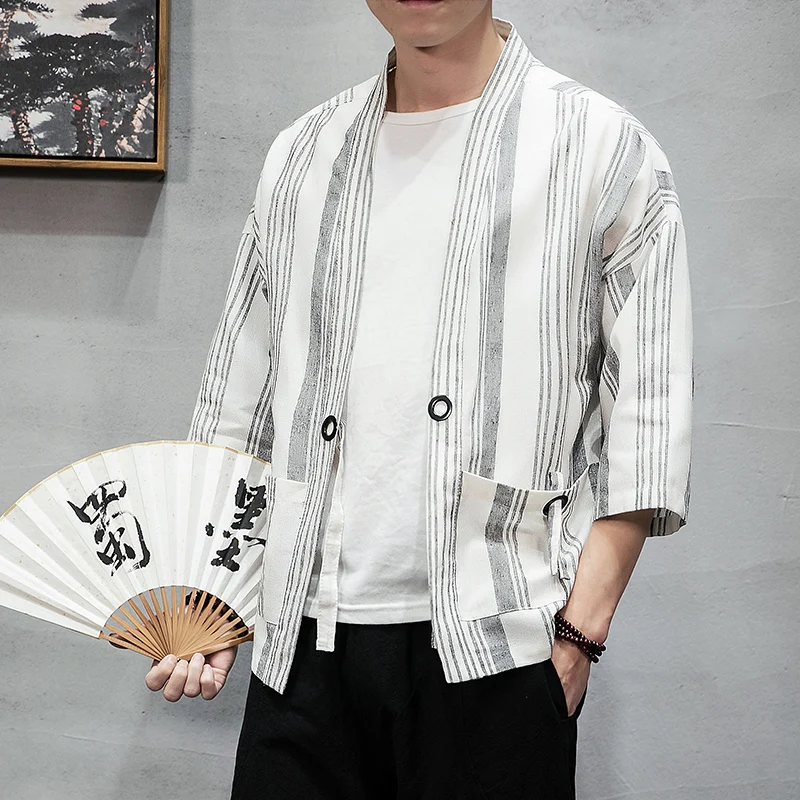 Мужская куртка кимоно FUODRAO уличная ветрозащитная в полоску японском стиле 5XL