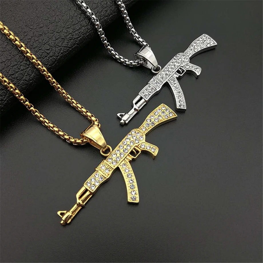

Hip Hop Jewelry AK47 Gun Pattern Necklace Gold Color Stainless Steel Cool Fashion Military Pendant & Chain For Men