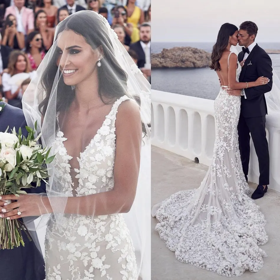 

Sexy Beach Mermaid Wedding Dress 2019 Backless Sweep Train Lace Appliques V Neck vestido de noiva Custom Made Bridal Gowns