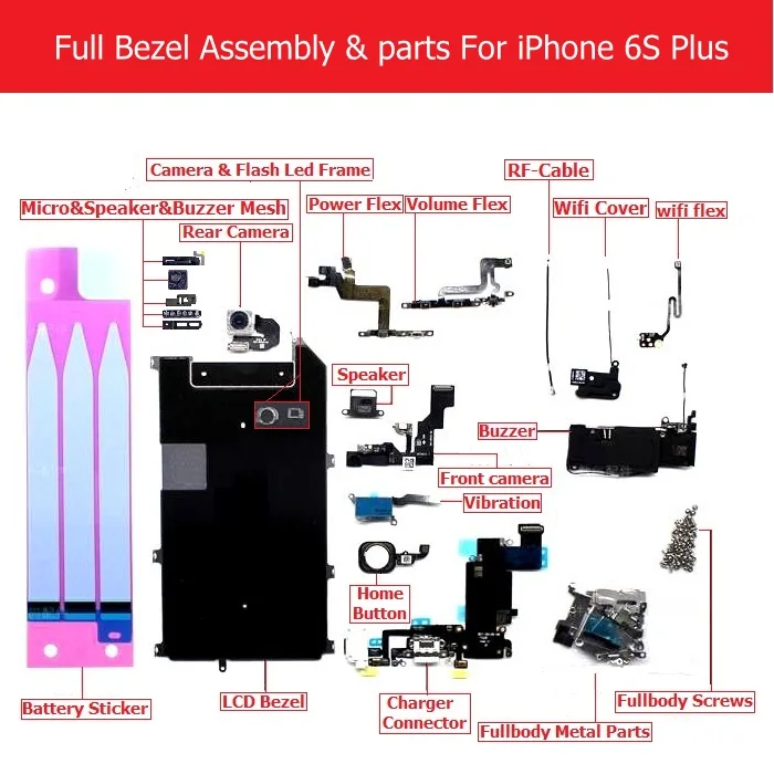 For 6sp-Full-parts Полный набор ободок в сборе для iPhone 6 6p 6s 6s p Зарядное устройство usb/lcd ободок/камера/динамик/вибрация/винт/кронштейн/зуммер/wifi запчасти - Цвет: For 6sp-Full-parts