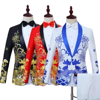 host costume prom floral jacket men embroidery one button slim blazers pants 2pc suits set c8