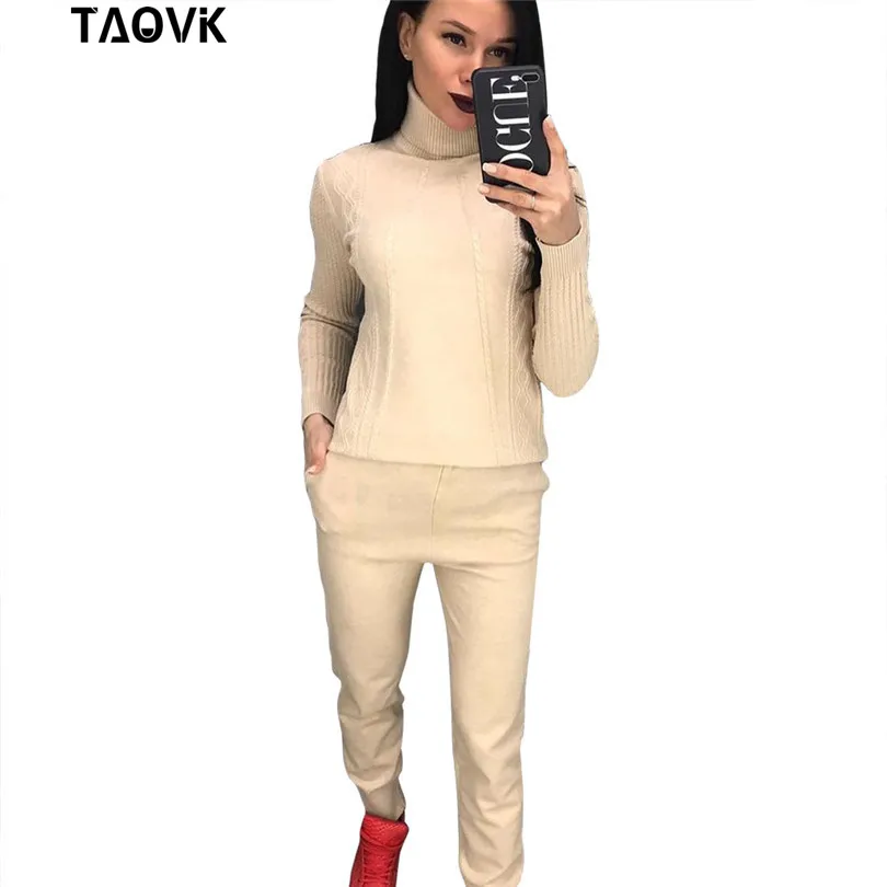 TAOVK, мягкие трикотажные костюмы, теплый свитер, женский костюм, твист, Вязанный свитер с высоким воротом, топ и штаны, свободный стильный спортивный костюм, ropa