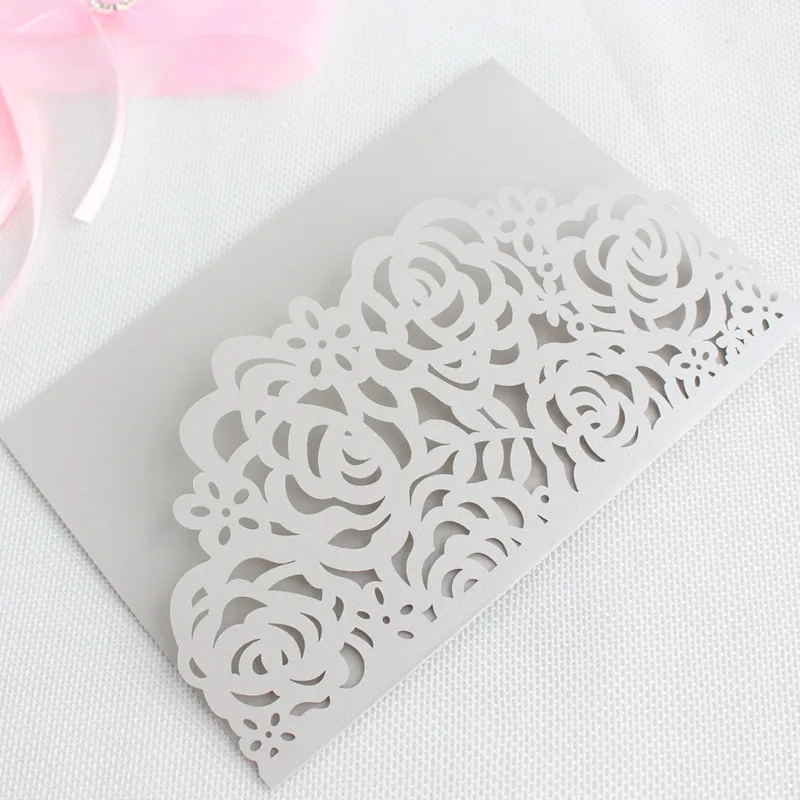 Серебряные конверты для приглашений роза лазерная резка тройной карман сельская