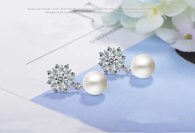 Модные серьги-гвоздики с белыми цирконами и жемчужиной в виде снежинки из серебра 925 пробы для девочек и женщин, ювелирные изделия в розовом золоте для свадебной вечеринки ED459.