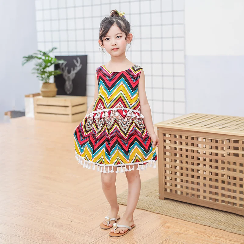 Wave Striped Designer England Style Baby Girls Clothing Summer Sleeveless Children Clothes Kids Cotton Party Dress Knee Length | Детская