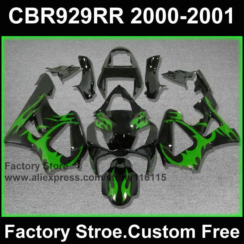 Custom ABS plastic Motorcycle fairing set for HONDA CBR 929 fairings 2000 2001 CBR900RR green flame body parts | Автомобили и