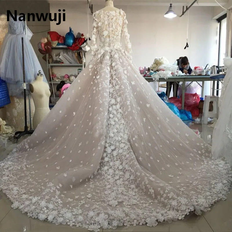 

Real Photos Robe De Mariage Long Sleeve Ball Gown Court Train Evening Dress In 3d Flower vestido longo muslim evening dress