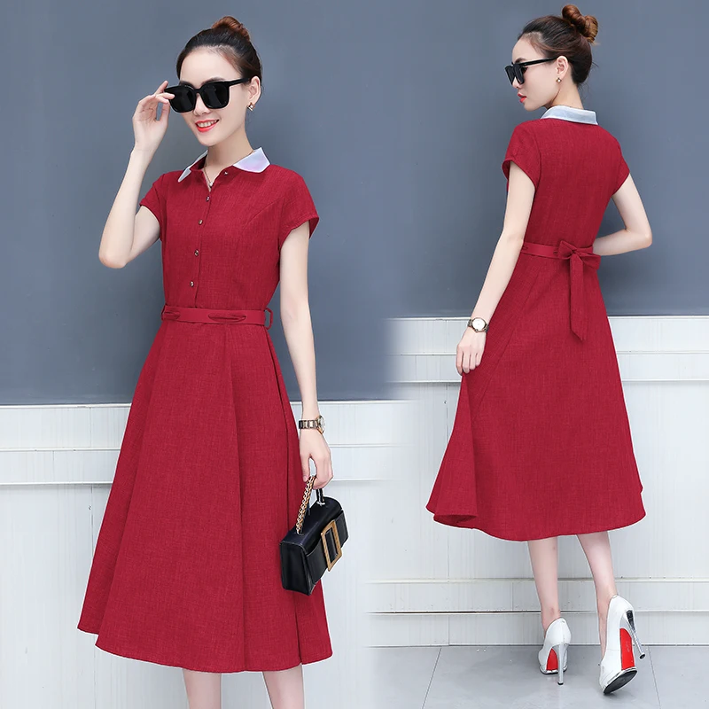 

summer wear new casual women solid dress with short sleeve long dresses with belt design lady vestido clothes size S-3XL SALE