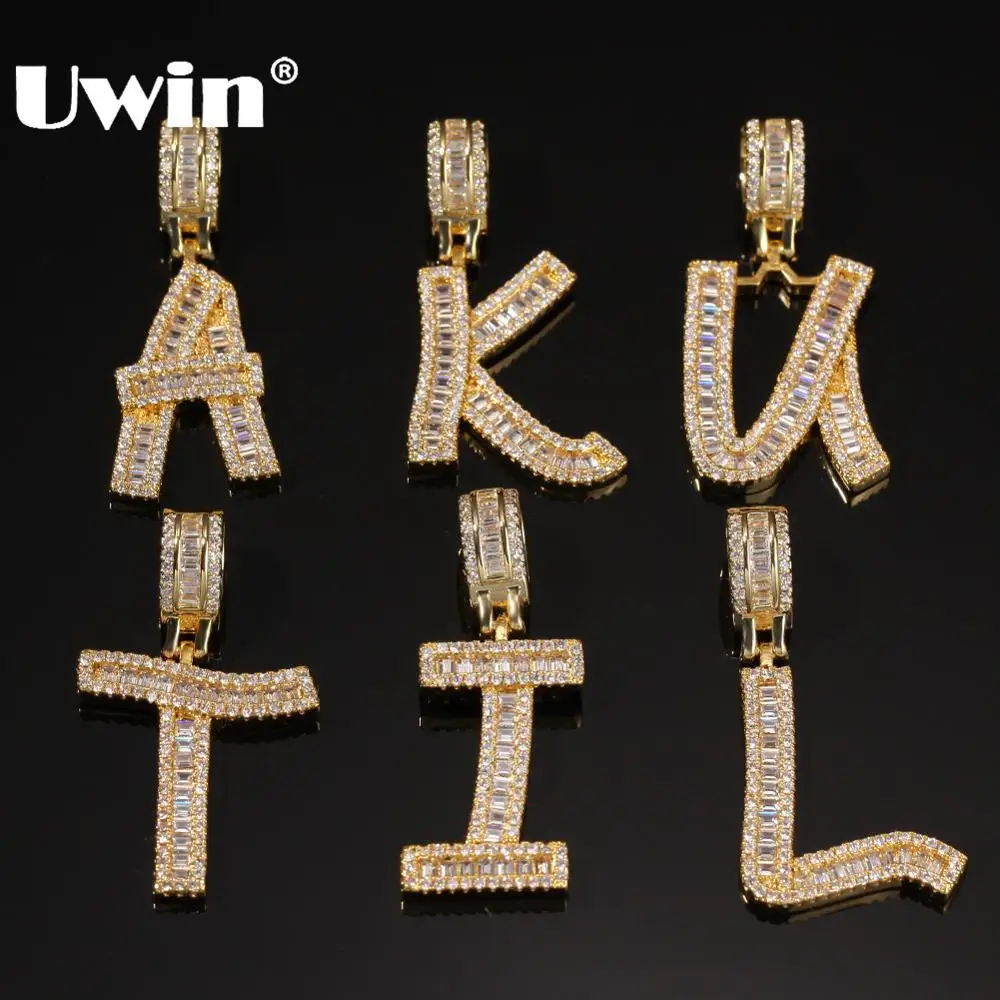

UWIN Initial Baguettecz Letters Pendant Necklace for Women Iced Out Cubic Zircon Letter Charms Fashion Hip Hop Jewelry for Gift