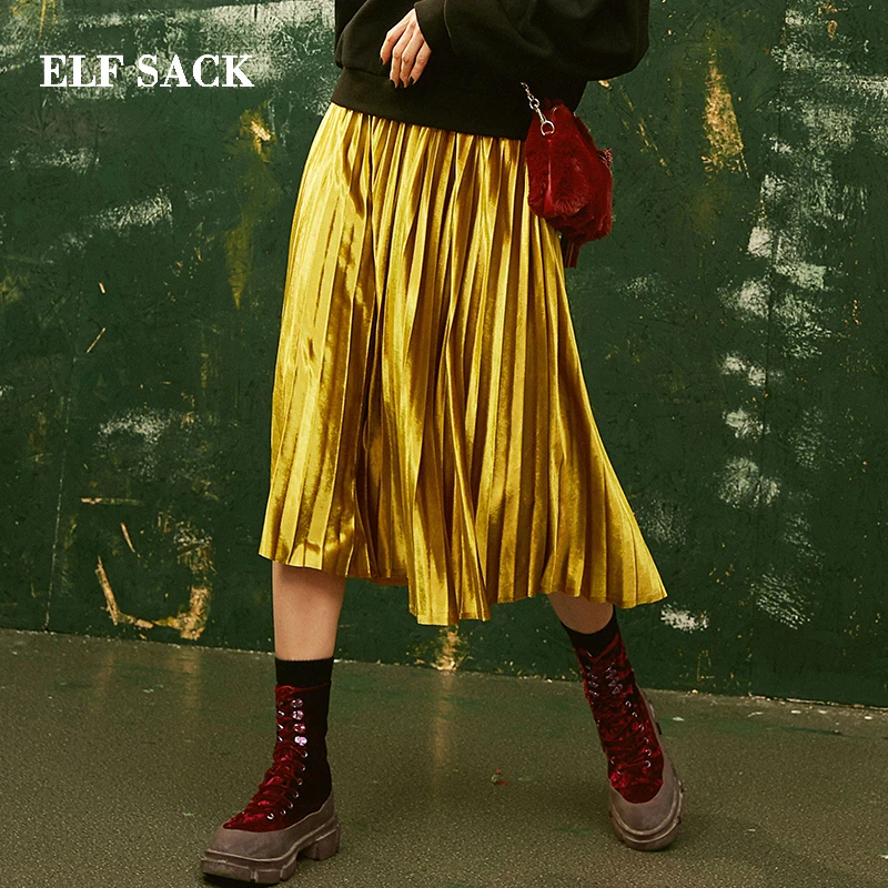 ELFSACK новинка юбки для женщин одноцветные на каждый день до середины икры а-силуэт