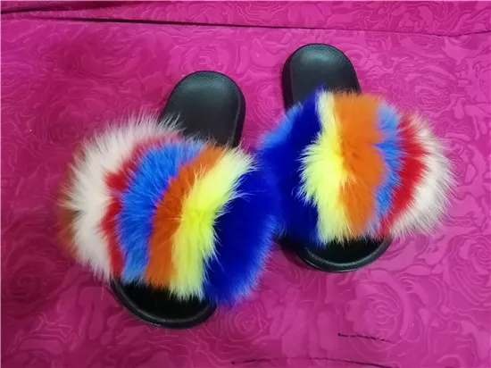 COOLSA Hot Women's Striped Plush Fur Slippers Super Fluffy Furry Fox Fur Slides Travel Quick Drying Beach Flip Flops Plus Size - Цвет: as picture shows