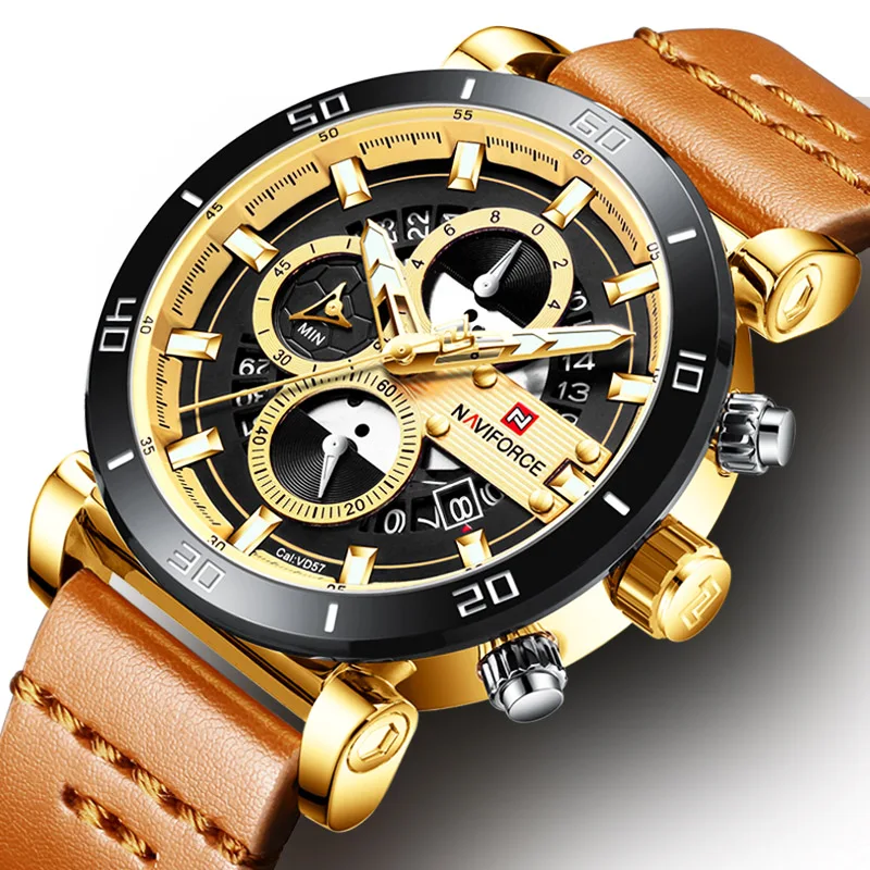 Часы NAVIFORCE мужские золотые Роскошные водонепроницаемые кварцевые спортивные с