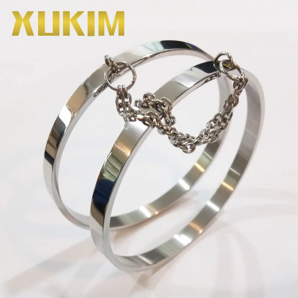 

Xukim Jewelry Lovers Double Ring Loop Punk 316L Stainless Steel Cuff Bangle Bracelet Men and Women Love Jewelry Gift