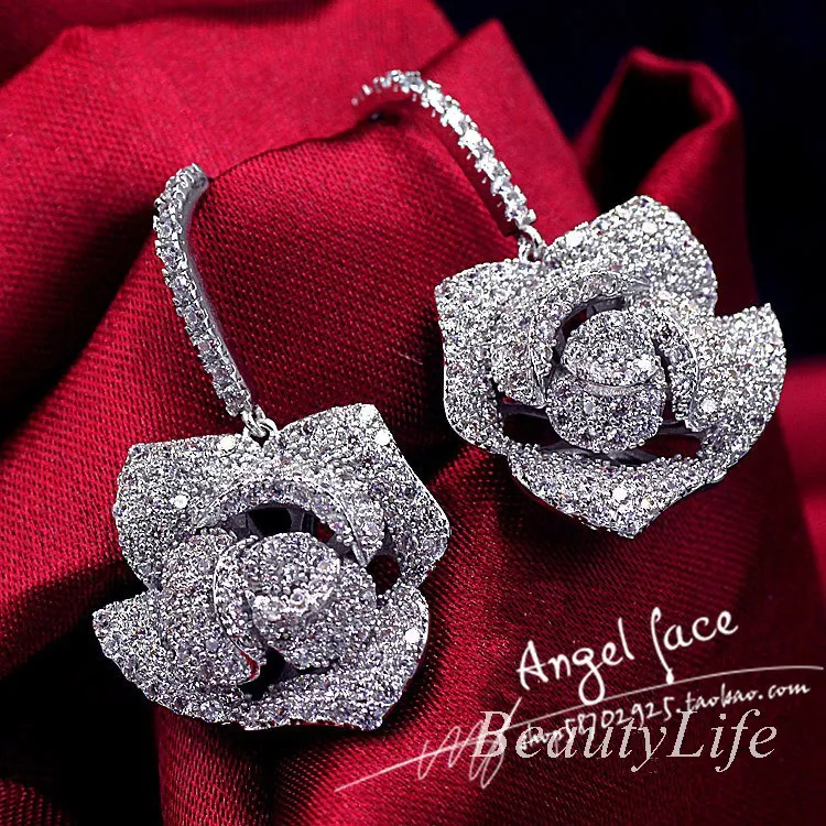 

Fashion AAA CZ Zircon Rose Dangle Earring 925 Ear Pin Rose Earring Women Bridal Wedding Party Rose Flower Earring Jewelry