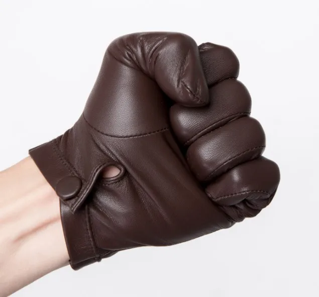 brown unlined Highshine, без подкладки, на запястье, на кнопке, цельный кусок овечьей кожи, сенсорный экран, Зимние перчатки для мужчин, черные и коричневые - Цвет: brown unlined
