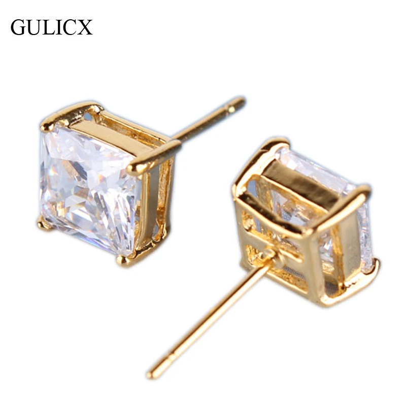 Женские маленькие серьги-пусеты GULICX желтое золото с фианитом E013 | Украшения и