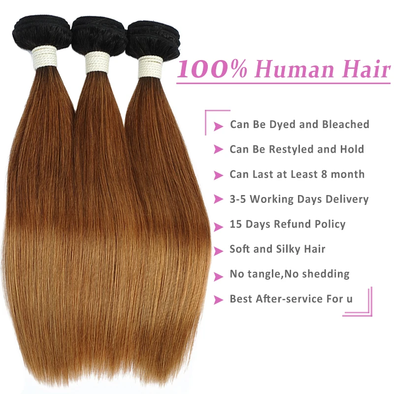 Pinshair Ombre блондин Бразильский прямые волосы Связки с закрытием T1B/30 100%