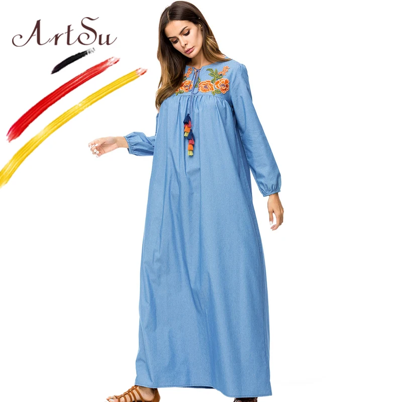 Женское джинсовое платье макси ArtSu винтажное с V образным вырезом длинным рукавом