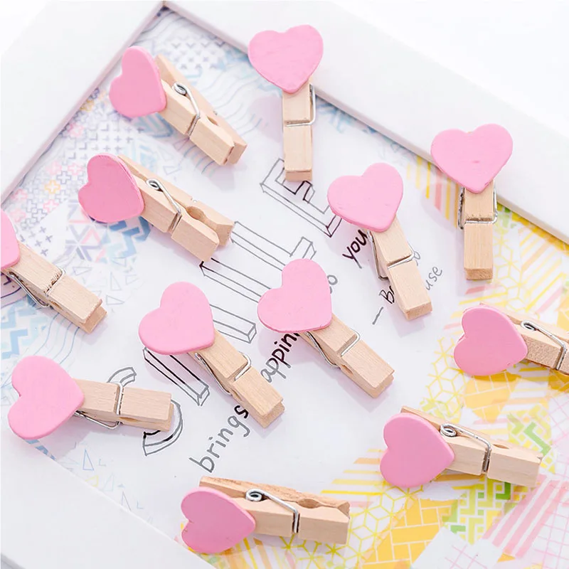 

10 pcs Pink Lovely Heart Wooden Paper Clip Bookmark For Album With Rope School Office Supply