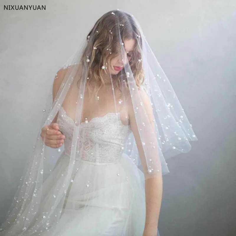 Фата свадебная женская с жемчугом модная Тюлевая бисером свадебный аксессуар 2021