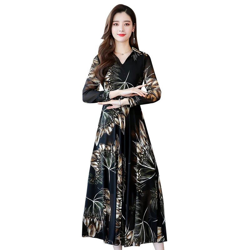 Женское длинное шифоновое платье с отложным воротником элегантное цветочным