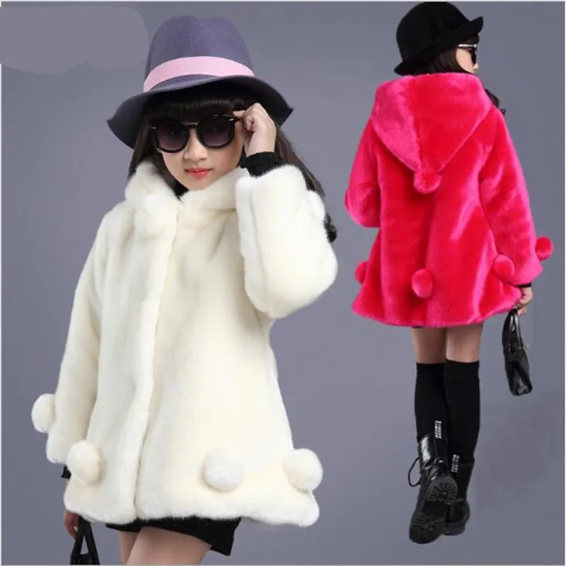 2018 Girls Thick Fake Fur Warm Jacket Imitation Rabbit Hair Outwear Children Faux Coat Teenage Hooded Overcoat QV126 | Детская одежда и