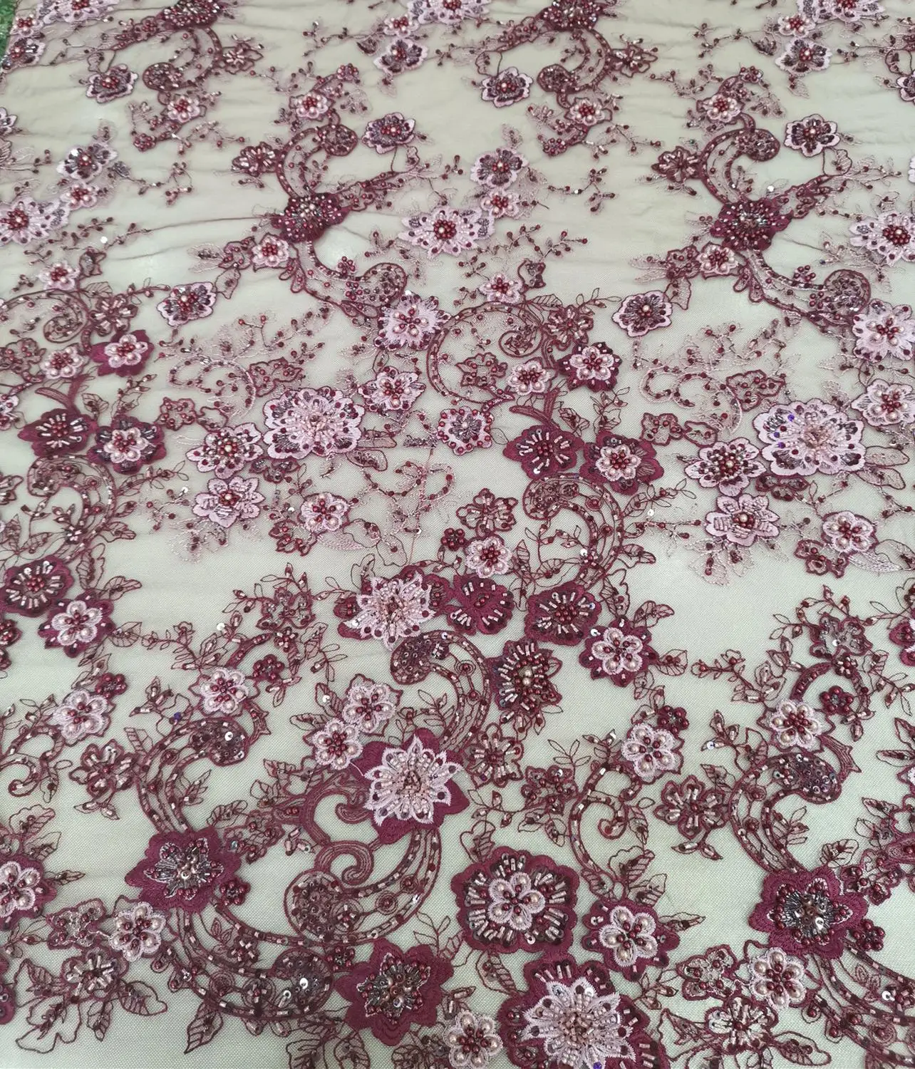 

1 Yard Latest African Heavy Handmade Beaded 3D Flower Tulle Lace Fabric French Mesh Lace Fabric Nigerian Embroidery Tulle Lace