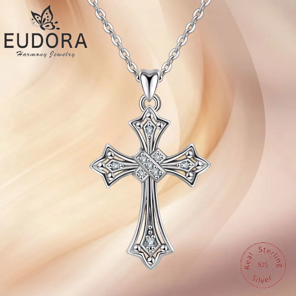 EUDORA 925, серебряное ожерелье с крестом, модное AAA CZ ожерелье с подвеской, s для женщин, Стерлинговое Серебро, колье с крестом, хорошее ювелирное изделие D197