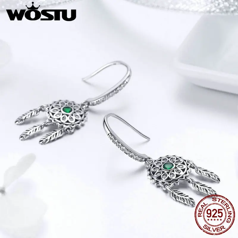 WOSTU роскошные 925 пробы серебряные богемные зеленые CZ Висячие серьги для женщин серебряная серьга-крючок модное ювелирное изделие подарок CQE441