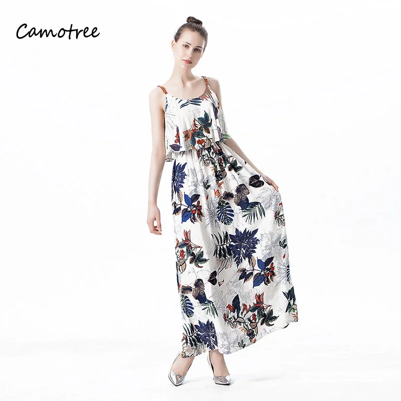 Camotree летние пляжные платья для женщин Boho рюшами ремни Цветочный принт длинное