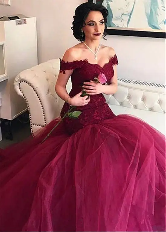 

Burgundy Vestido De Noiva Muslim Wedding Dresses Mermaid Off The Shoulder Tulle Lace Boho Dubai Arabic Wedding Gown Bridal