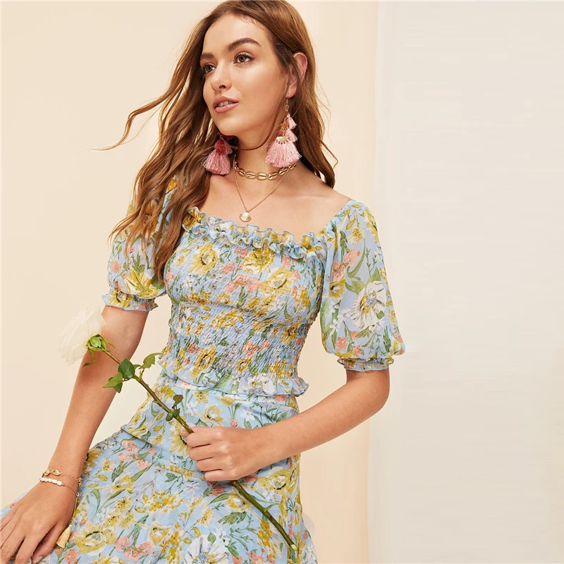 SHEIN Многослойная Асимметричная Юбка С Ботаническим Принтом Женская Летняя Многоцветная Богемная Юбка