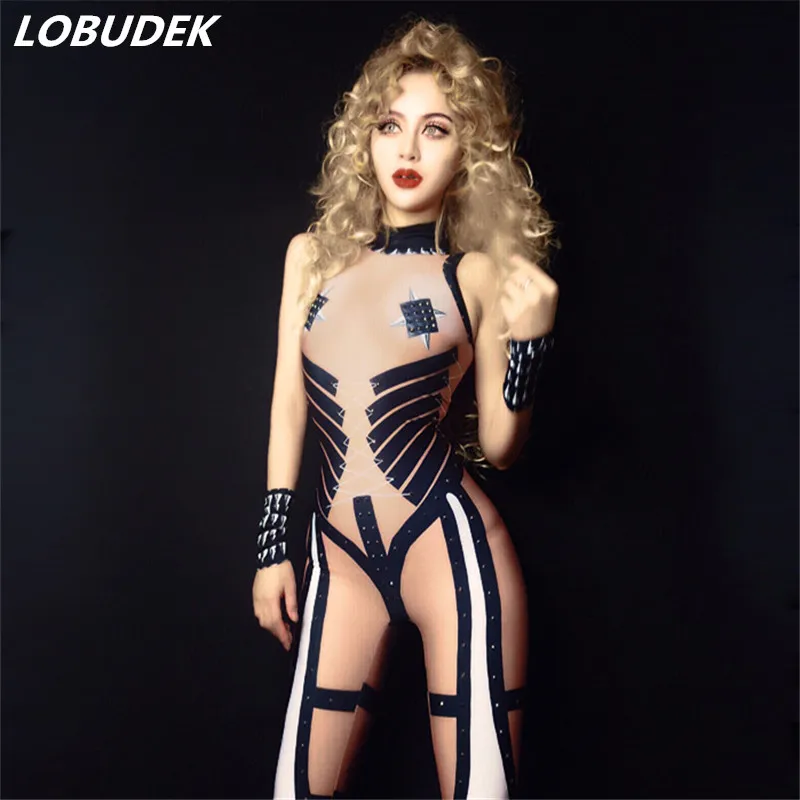 

Female Male Teams jazz dance costumes Crystals high stretch Leotard jumpsuit Sexy slim Rompers Nightclub Pole dance DJ costumes