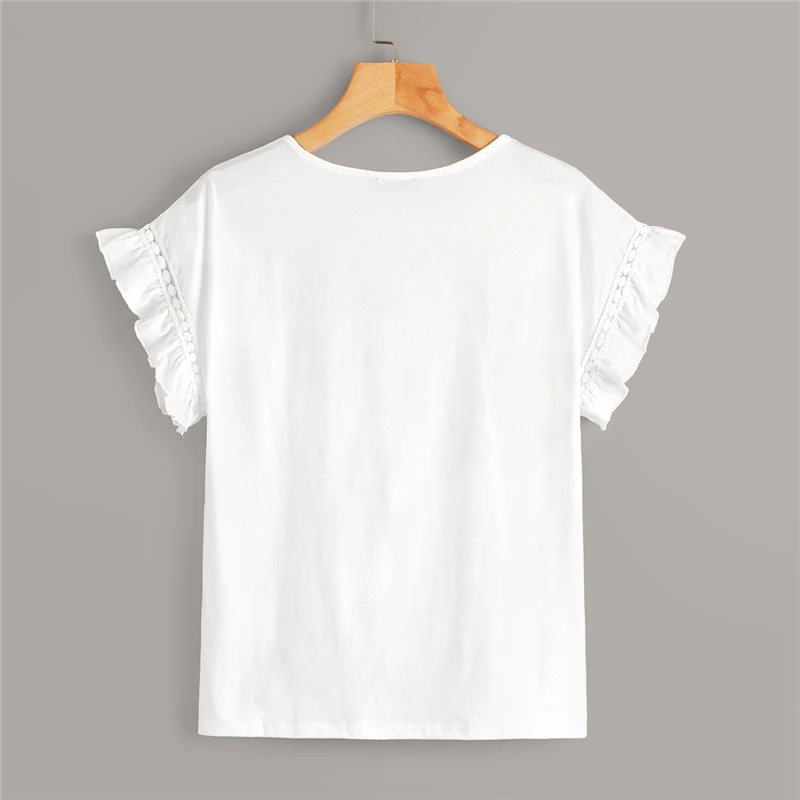 Dotfashion белый кружевной топ с оборками и отделкой из гипюра, женская летняя футболка, женские топы с коротким рукавом и оборками, милые однотонные футболки