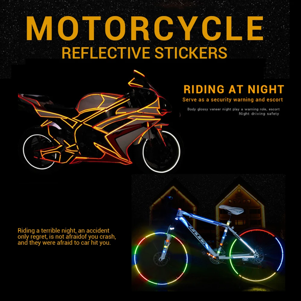 

New Fluorescent Motorcycle Reflective Stickers Strips Motorbike Car Safety Warning Reflective Tape Wheel Universal Decal 8mx1cm