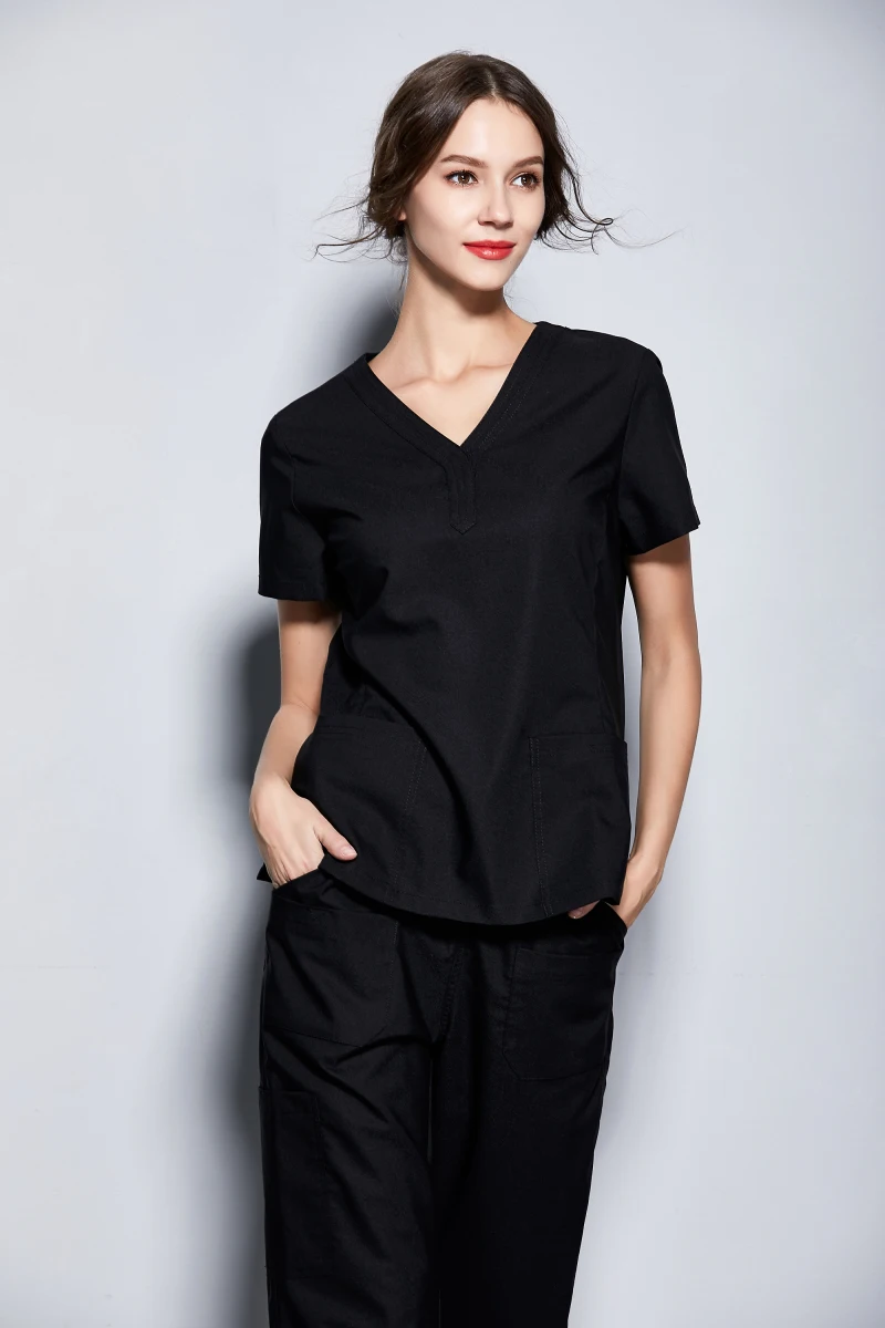New Women's Medical Black Scrubs Ladies' Short Sleeve Scrub Uniforms Set Dental Clinic Fancy Design Surgical Clothes Slim Fit