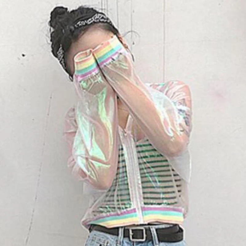 2019 Fashion Coat Women Iridescent Transparent Short Jacket Zipper Holographic Laser Rainbow Bomber Casual Tops | Женская одежда