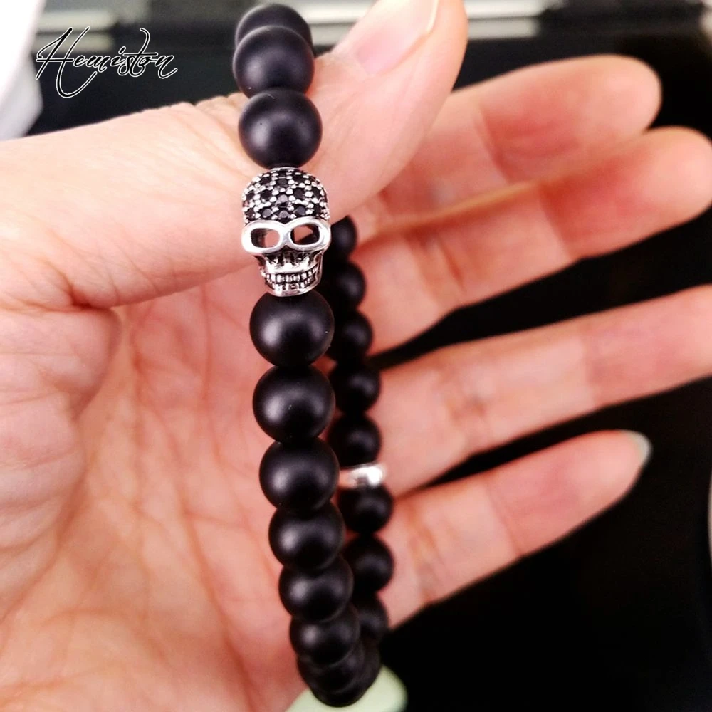 Браслет с черепом Томаса и бусинами из матового черного обсидиана европейские