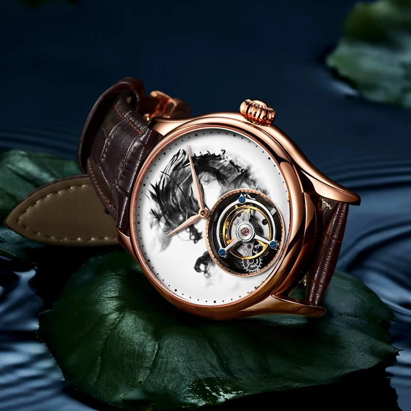 Настоящие Tourbillon мужские часы с драконом, мужские брендовые механические часы с сапфиром копейкой, водонепроницаемые мужские Tourbillon наручные часы 7011G