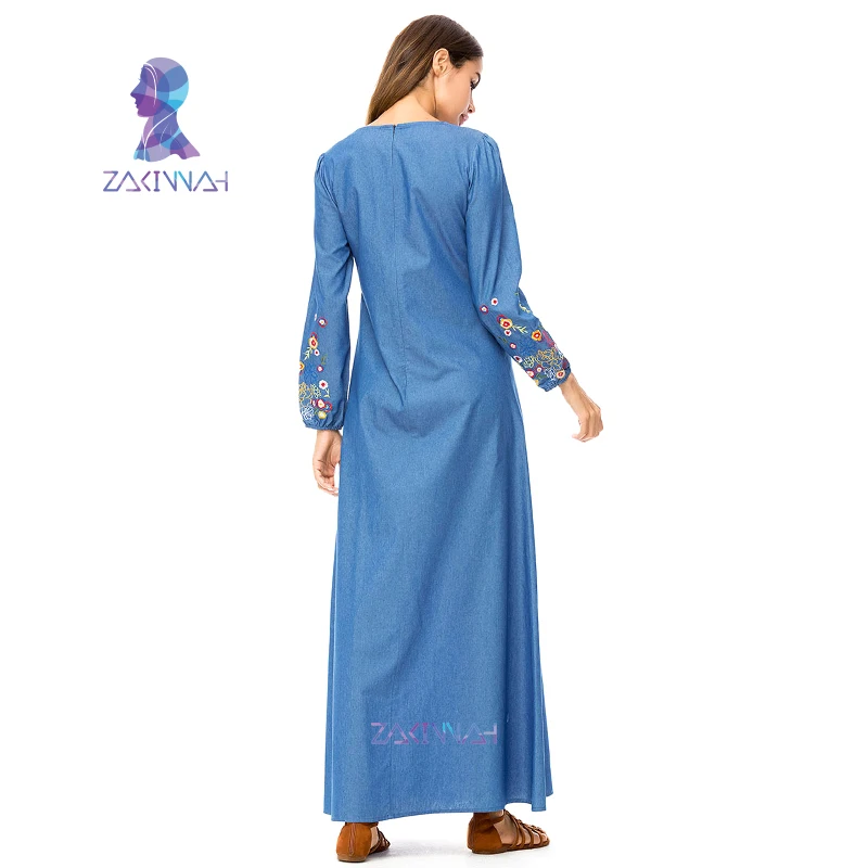 Платья с цветочной вышивкой мусульманское платье из джинсовой ткани Abayas для