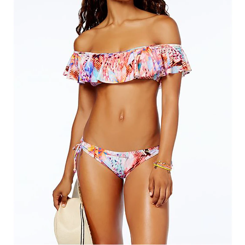 2019 с открытыми плечами комплект бикини оборками Купальник бандо женский