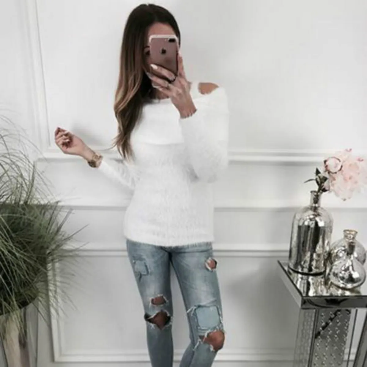 Sweater 2018 New Brand Women Fluffy Fuzzy Shaggy Long Sleeve Casual Plain Velvet Pullover Jumper Top | Женская одежда