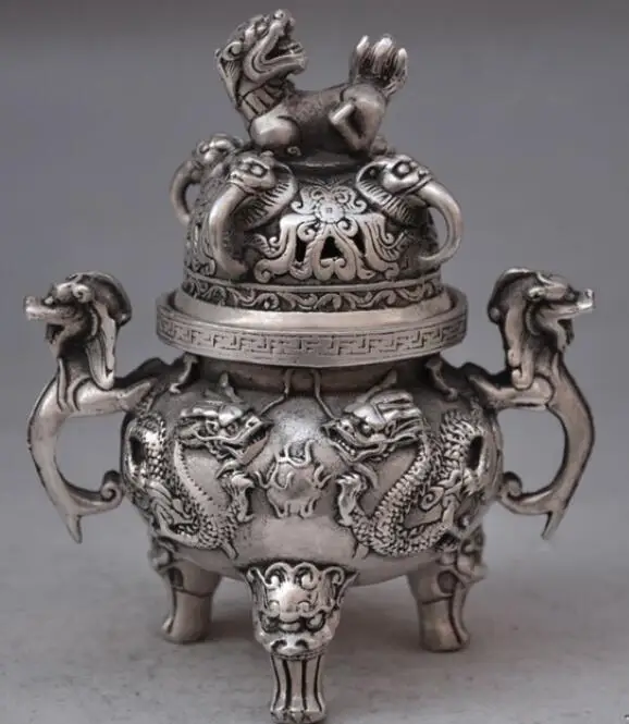 Китайские буддистские ручные старые серебряные медные статуи дракона льва