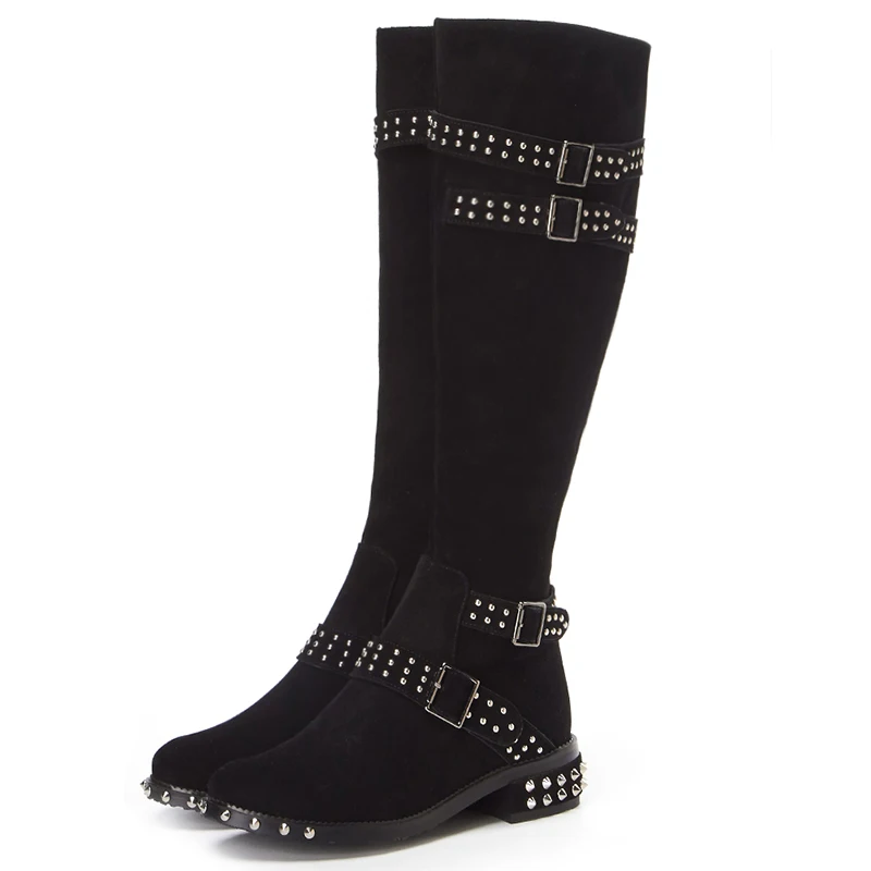 Женские зимние сапоги до колена из натуральной кожи с заклепками|knee high boots|high