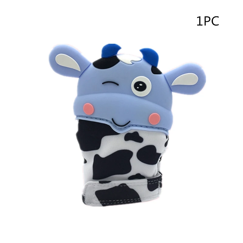 blue cow Bpa бесплатные силиконовые перчатки-прорезыватели для зубов, детские перчатки-прорезыватели, безопасные перчатки-пустышки для зубов, для малышей, жевательные, для тренажерного зала, игрушка для укуса, для остановки сосания большого пальца - Цвет: blue cow