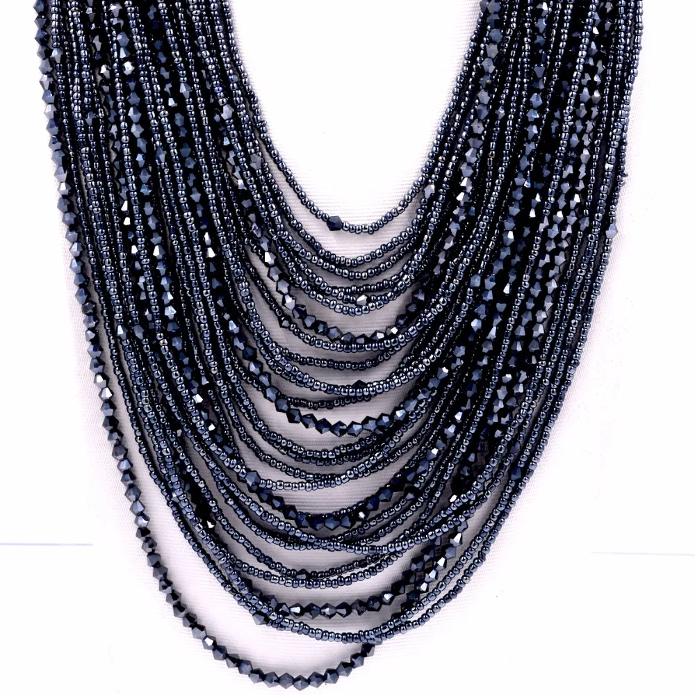 Модный дизайн 28 слоев черный гематит кристалл и бисер массивное ожерелье для