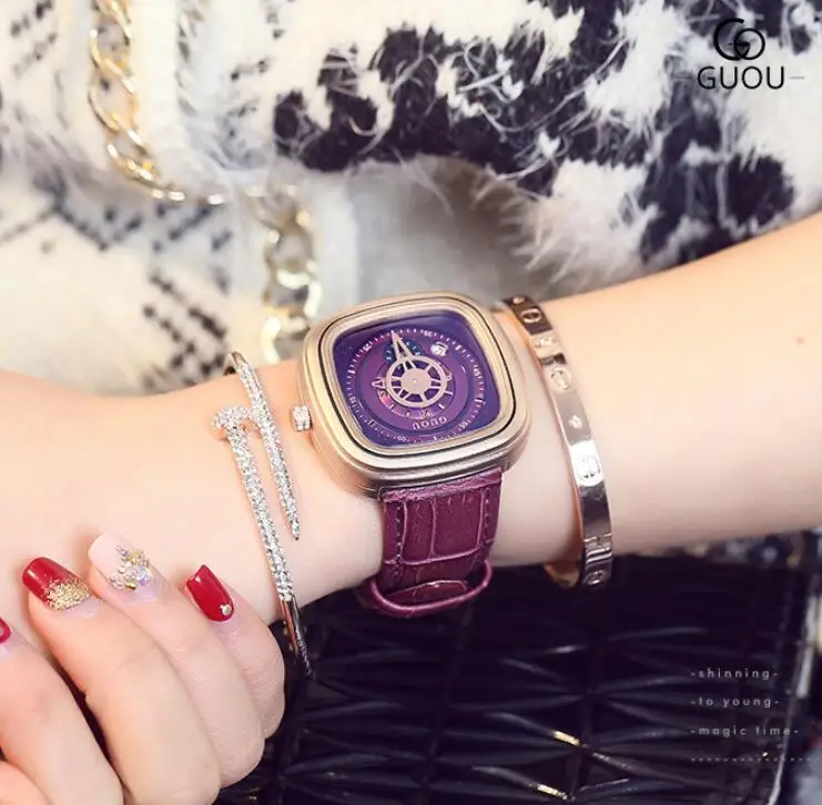 purple GUOU, новые женские часы, модные, с кожаным ремешком, водонепроницаемые, женские часы, персональный календарь, квадратные часы для женщин, orologi donna - Цвет: purple
