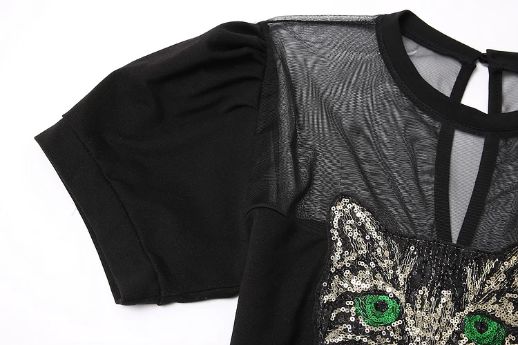 ALPHALMODA женские популярные расшитые блестками Футболки с коротким рукавом с аппликацией кошки+ шорты, летние комплекты из 2 предметов, Повседневная футболка с рукавом-фонариком+ шорты
