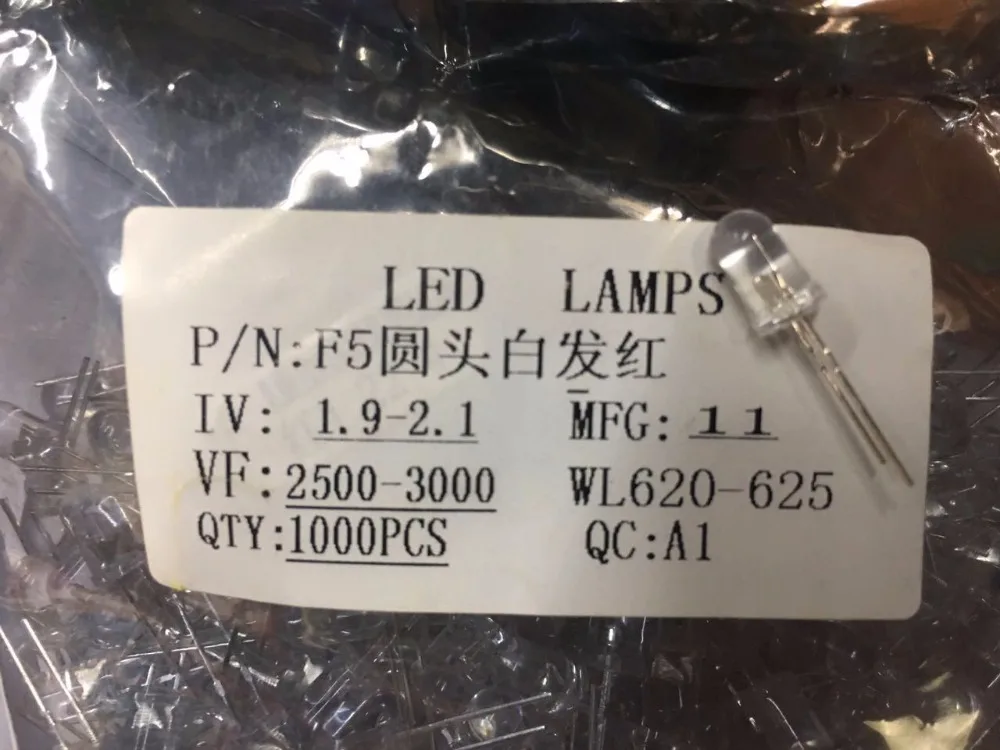 1000 шт./лот 5 мм красный светодиодный Диод круглый рассеянный цвет лампа F5 DIP